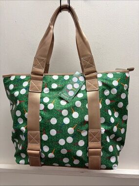 Sydney Love Green Golf-Print Tote with Tan Straps